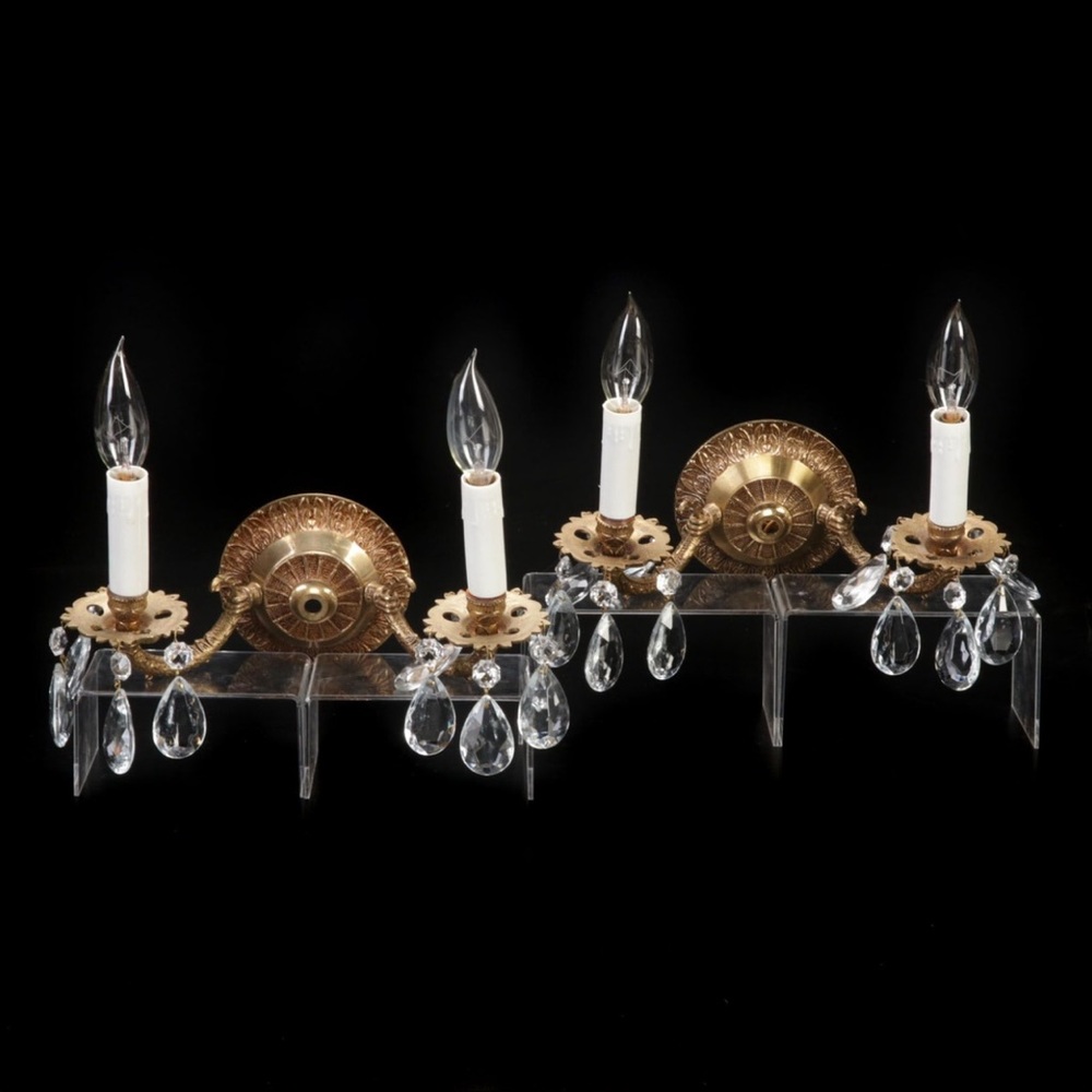 Pair of Neoclassical Style Florentine Brass Two-Arm Wall Sconces with Prisms